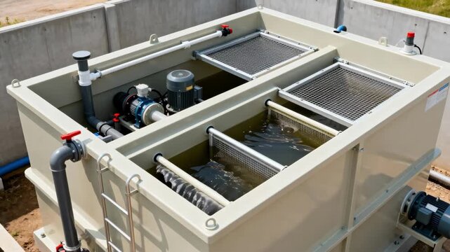 Medium shot of a compact onsite wastewater treatment unit with integrated screens and clarifiers designed for efficient smallscale effluent cleaning and recycling onsite.