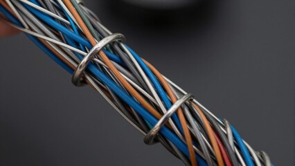 A detailed close-up shows a neatly organized assortment of insulated electrical wires in various vibrant colors, tightly bound together by metallic bands against a dark background. This image