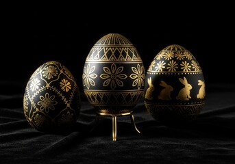 Elegant Black and Gold Decorative Easter Eggs on Dark Velvet Background