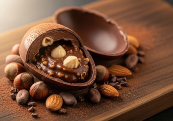 Delicious Chocolate Egg Filled with Hazelnuts and Nuts on Wooden Surface