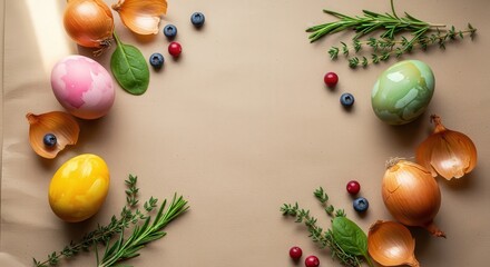 Colorful Easter Eggs Surrounded by Fresh Herbs and Vegetables on Neutral Background