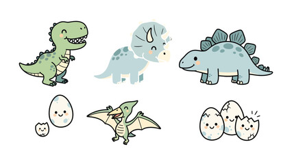 Adorable Cartoon Dinosaurs: A collection of charming cartoon dinosaurs including T-rex, triceratops, stegosaurus, and pterodactyl, alongside eggs, radiating cheerfulness and vibrant energy. © hafs121