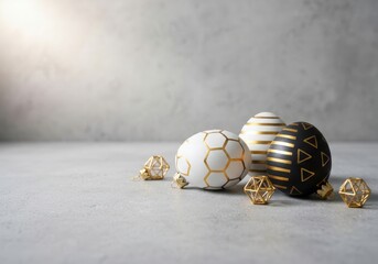 Decorative Easter Eggs with Gold Patterns on a Light Gray Background