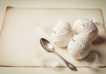 Elegant Decorated Eggs with Lace and Pearls on Vintage Paper Background