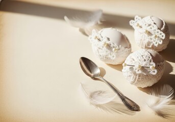 Elegant White Decorative Eggs with Lace and Pearls on Soft Background
