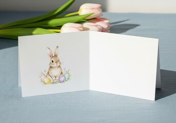 Cute Rabbit Illustration on Blank Greeting Card with Pastel Tulips in Background