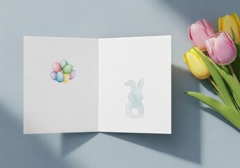 Colorful Easter Egg Card with Bunny Design and Fresh Tulips on a Soft Blue Background