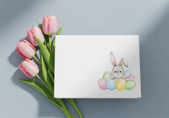 Cute Bunny with Easter Eggs Surrounded by Pink Tulips on a Soft Background