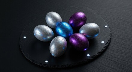 Colorful Decorative Eggs Arranged on a Dark Surface with Soft Lighting Effects