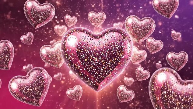 Romantic Valentine's Day background with floating 3D pink glittering hearts on purple backdrop, seamless animation for wedding, anniversary, love concepts, and digital greeting cards.