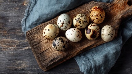Obraz premium Variety of quail eggs on rustic wooden board with blue fabric background.