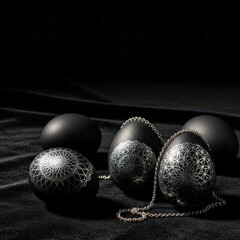 Elegant Black and White Decorative Eggs on Velvet Fabric Displaying Intricate Patterns