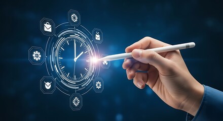 Hand holding stylus interacting with digital clock interface with interaction technology