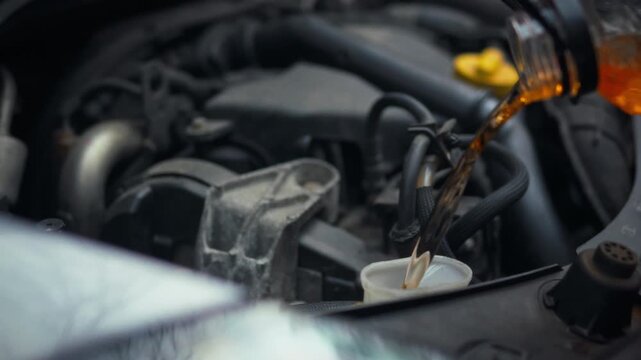 A person meticulously pours technical windshield washing fluid into the car's engine compartment, triggering the cleaning mechanism to function, and ensuring clear visibility through the windows