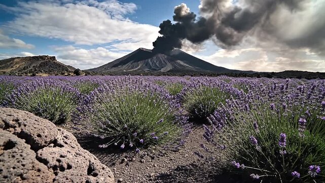 Observing a Volcanic Landscape with Flowering Fields and Steam Plumes