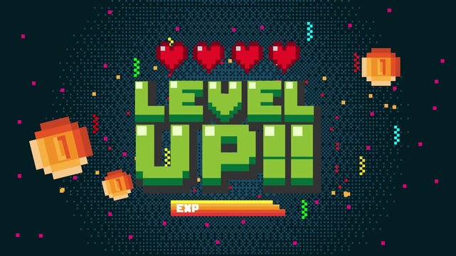Level up screen. Retro pixel arcade machine 8 bit with coin fly monitor vintage console 1980s.