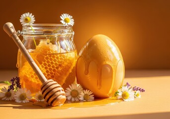 Golden Honey Jar with Honeycomb and Egg Surrounded by Fresh Flowers on Orange Surface
