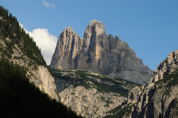 The Tre Cime di Lavaredo Dolomite group seen from Landro valley. Veneto, Italy.