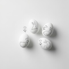 Minimalist Easter Eggs with Simple Bunny and Flower Illustrations on White Surface