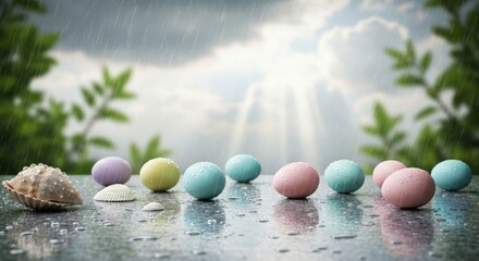 Colorful Easter Eggs on a Rainy Surface with Shells and Sunlight Breaking Through Clouds
