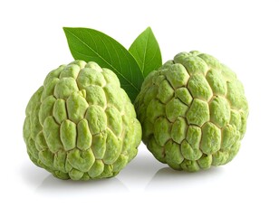 Obraz premium Two Fresh Custard Apples with Green Leaves on White.
