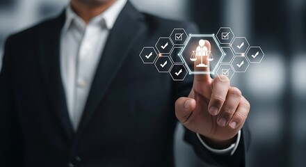 Man in suit touching digital interface with scales of justice and checkmarks business finger