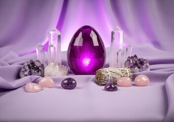 Amethyst Crystal Arrangement with Spiritual Elements on Purple Silk Background