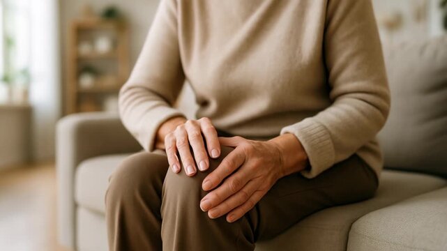 Elderly woman holds her knee with painful sensations in her hands. Senile joint diseases. Prevention, treatment, and pain relief. Senior lady  sitting on couch in cozy home environment