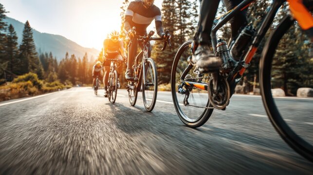 Cardio sports cycling biking exercise training, healthy lifestyle. A group of cyclists riding down a road at sunset, with the sun casting a golden hue over the landscape. The cyclists are in motion.