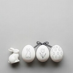 White Bunny and Decorative Eggs on Light Gray Background for Easter Celebration