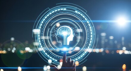 Digital Twin and Artificial Intelligence Concept with Human Profile Interface Glowing Over Cityscape