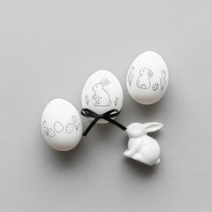 Decorative Easter Eggs with Cute Bunny Figurine on Gray Background for Spring Festivities