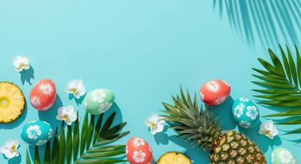Colorful Easter Eggs and Pineapple on a Turquoise Background with Tropical Elements