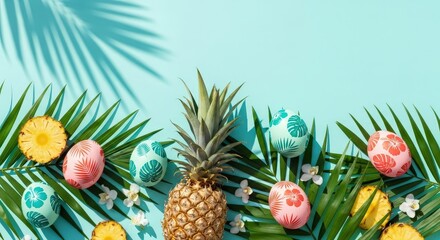 Colorful Easter Eggs and Pineapple on Tropical Leave Background in Bright Setting