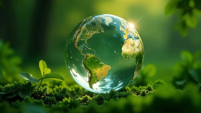 Crystal clear glass globe of Earth on vibrant green moss and foliage. Environmental care, commitment to conservation for our planet. Delicate nature of world and need for protection, eco-awareness