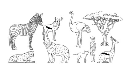 Fototapeta premium African Wildlife Outline: An illustration of a zebra, wildebeest, ostrich, hyena, cheetah, baby animal, meerkat, gazelle, and acacia tree in the savannah, presenting an outline of African wildlife.