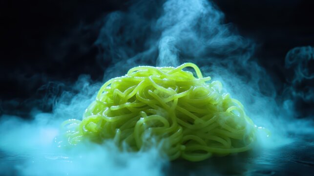 Vibrant Green Noodles with Dramatic Smoke Effects on a Dark Background for Culinary Photography and Food Blogging