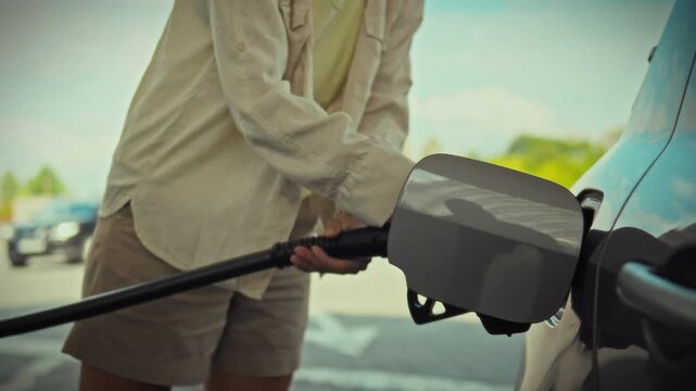 A young woman fills up her car herself. She inserts the fuel nozzle from the pump into the car's tank. She confidently pumps gas into the car on a bright sunny day
