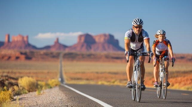 Cardio sports cycling biking exercise training, healthy lifestyle. Two cyclists, a man and a woman, wearing sports attire, helmets, sunglasses, gloves, and shoes, riding down a road in the desert.