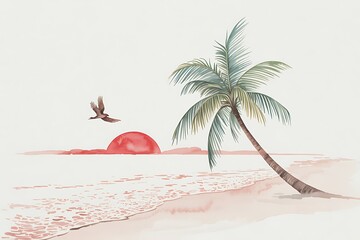 Soft Watercolor Painting of a Peaceful Sunrise on a Tropical Shore with Leaning Palm Tree.