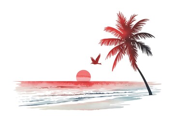  Minimalist Watercolor Illustration of a Tropical Beach Sunset with Palm Tree and Flying Bird.