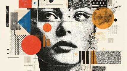 Abstract female portrait with geometric elements and patterns.