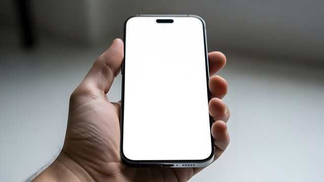 Person holding modern smartphone with blank white screen close up against gray background