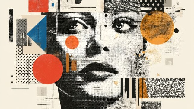 Abstract female portrait with geometric elements and patterns.