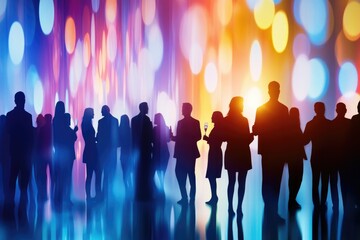 Silhouettes at a vibrant night party with abstract colorful lights