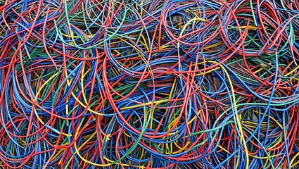 An overhead view of a dense, vibrant tangle of numerous multi-colored electrical wires forming a complex, chaotic pattern. The intricate web of red, blue, green, and yellow cables symbolizes