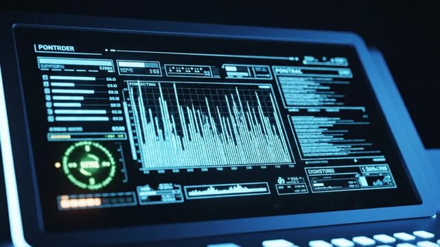 Close-up shot of a laptop screen displaying audio waveform and editing software interface with a dark background and blue glow.
