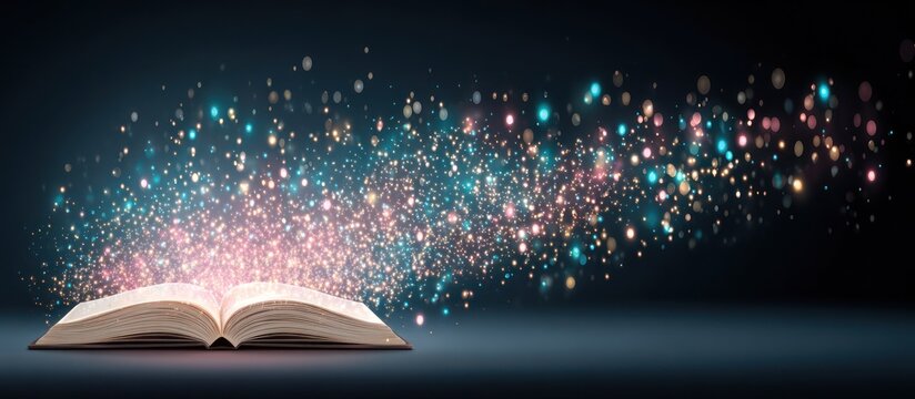 Open book emitting magical sparkling lights