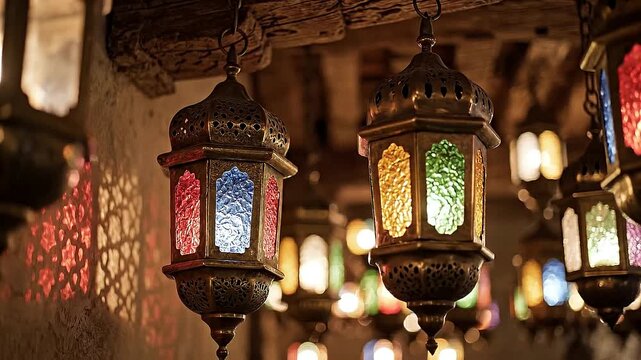 Colorful moroccan ramadan lanterns hanging indoors, glowing stained glass panels in red blue and green, warm candle light, traditional islamic decor, festive night ambiance, shallow depth of field, ci