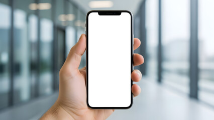 Close up hand holding modern smartphone mockup with blank white screen for advertisement against blurred office windows